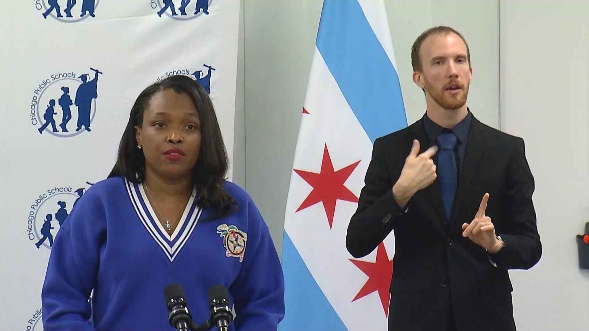 CPS CEO Janice Jackson speaks at a news conference Tuesday, Jan. 26, 2021 amid negotiations between the district and Chicago Public Schools. (WTTW News)