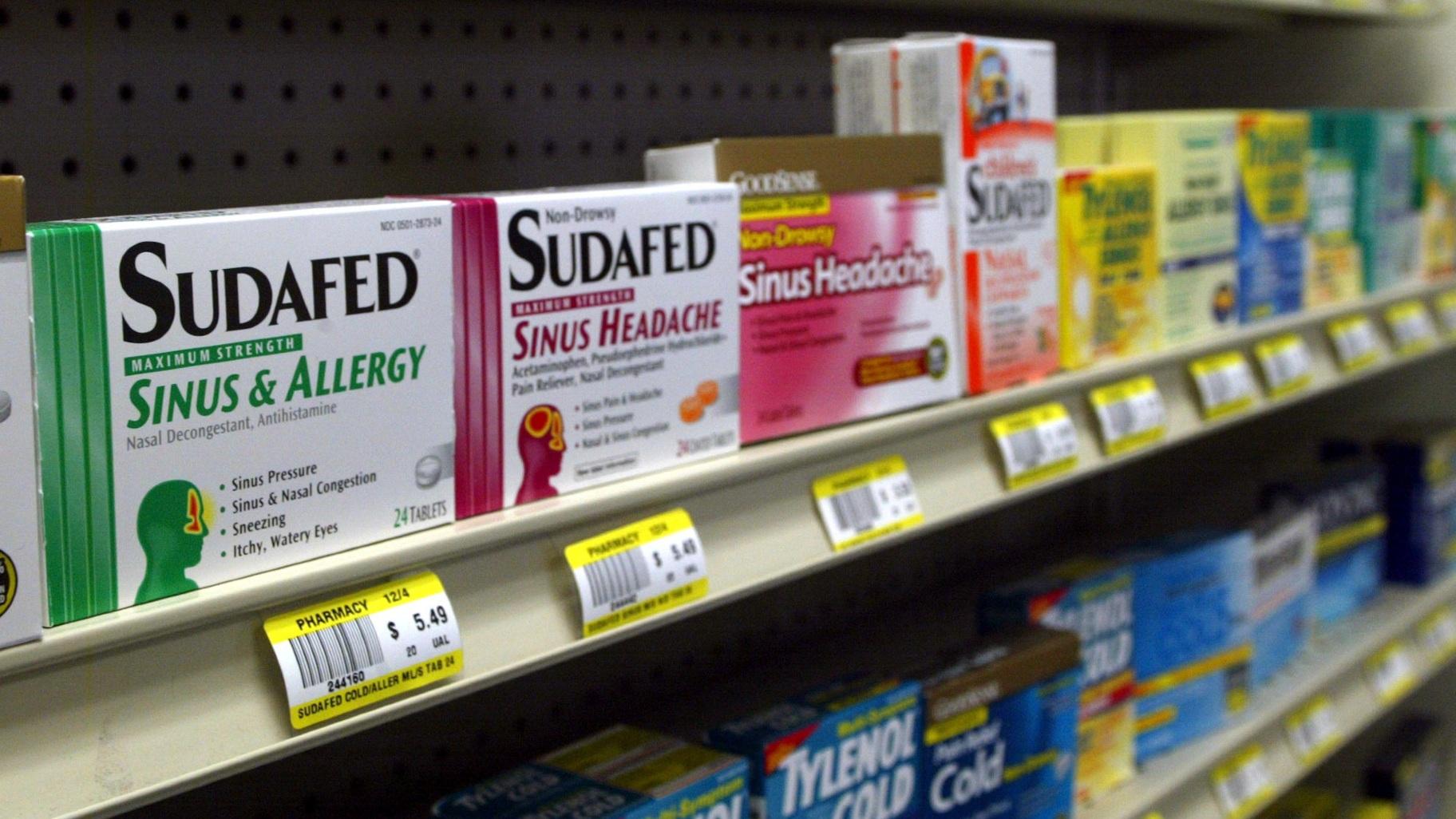 FILE - Sudafed and other common nasal decongestants containing pseudoephedrine are on display behind the counter at Hospital Discount Pharmacy in Edmond, Okla., Jan. 11, 2005. (AP Photo, File)