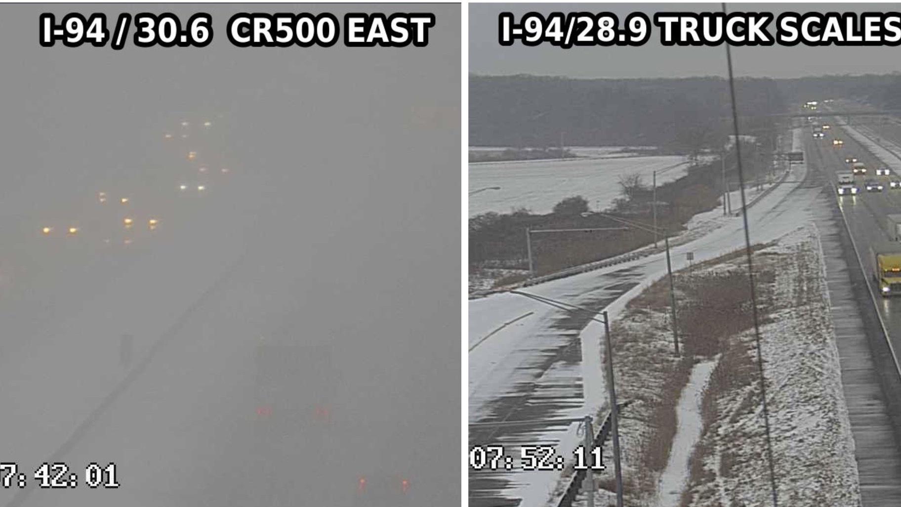 Photos taken on Interstate-94 near Porter County, Indiana, show weather conditions scarcely two miles apart. (Indiana Department of Transportation)