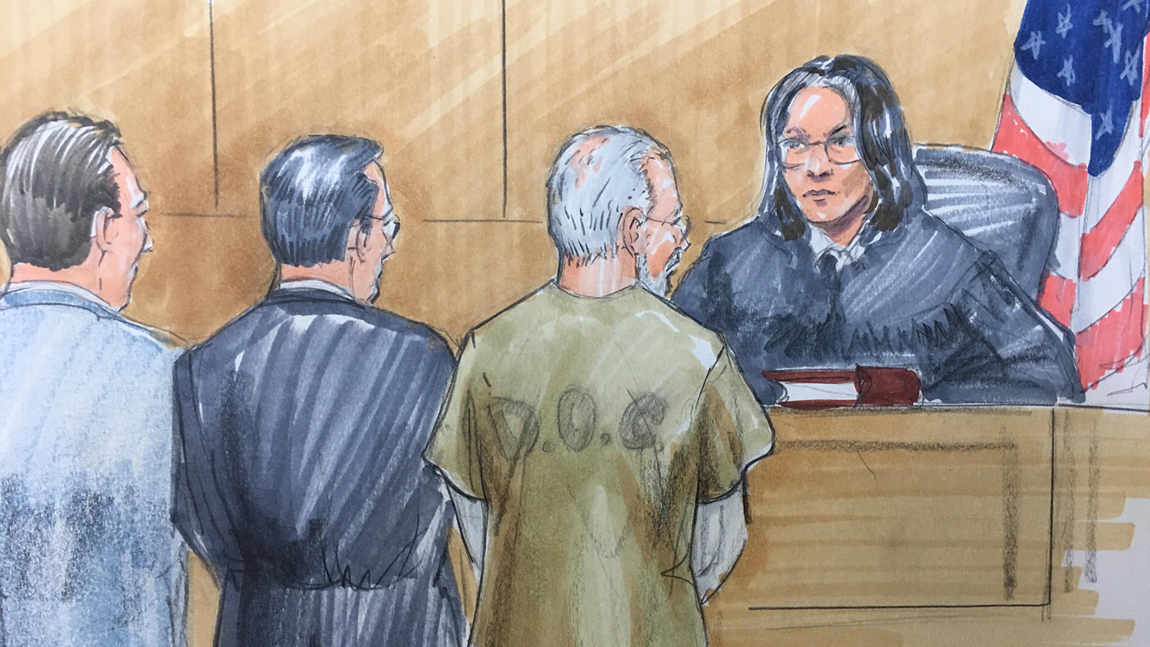 Wyndham Lathem stands with his attorneys in Cook County Circuit Court on Sept. 28, 2017. (Courtroom sketch by Thomas Gianni)