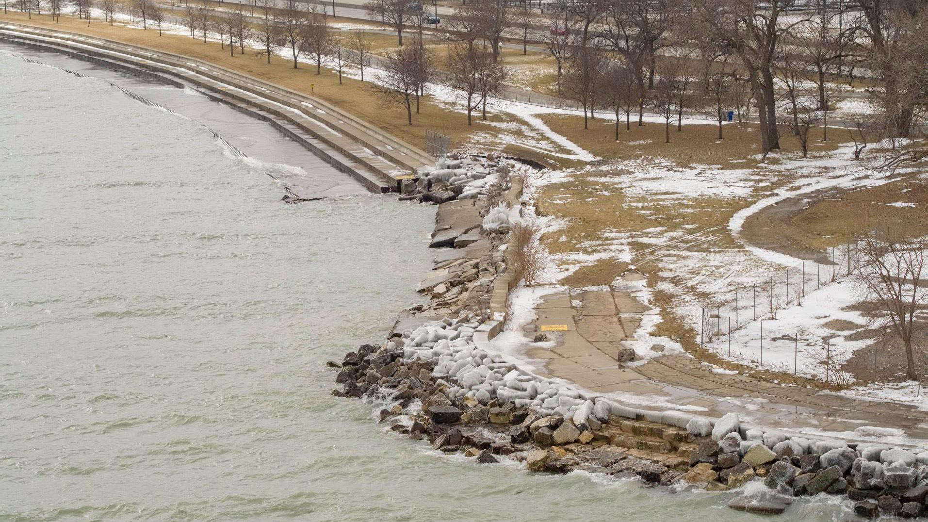 Repairs are just getting underway on a stretch of lakefront damaged by a storm in January 2020. (Courtesy of Metropolitan Water Reclamation District)
