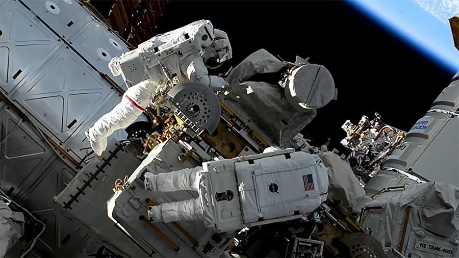 Astronauts Jasmin Moghbeli and Loral O’Hara spent hours on a spacewalk outside the International Space Station, successfully replacing hardware on the station’s solar array. (Courtesy of NASA)