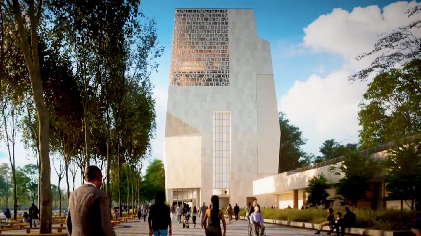 Design rendering of the Obama Presidential Center. Plaza in foreground. (Courtesy of The Obama Foundation)
