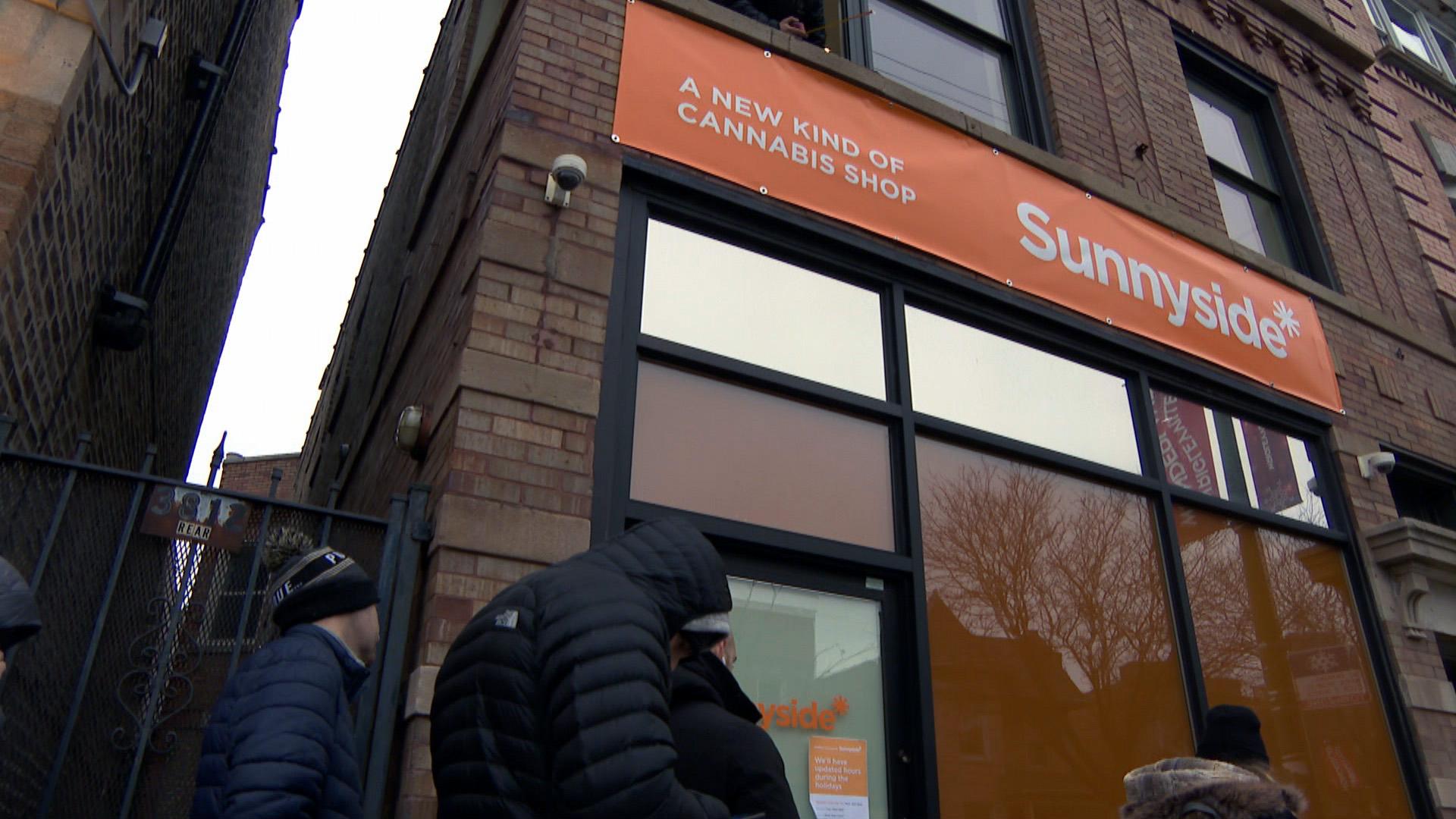 Workers put the finishing touches on the Sunnyside dispensary in Lakeview on Dec. 30, 2019, just two days before recreational marijuana became legal in Illinois. (WTTW News)