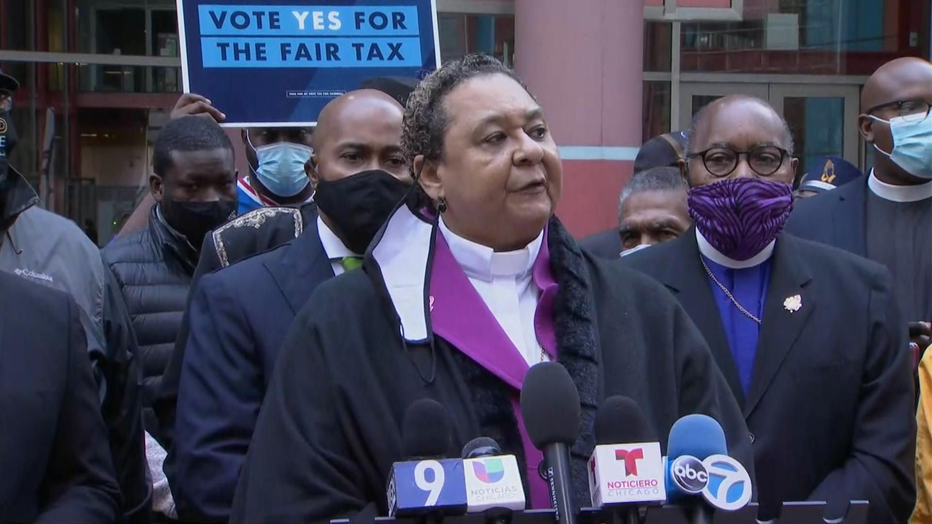 Bishop Shirley Coleman of the Spiritual Wholistic Ministries of Love & Faith gathers with other religious leaders on Tuesday, Oct. 6, 2020 to promote the “fair tax” amendment. (WTTW News)