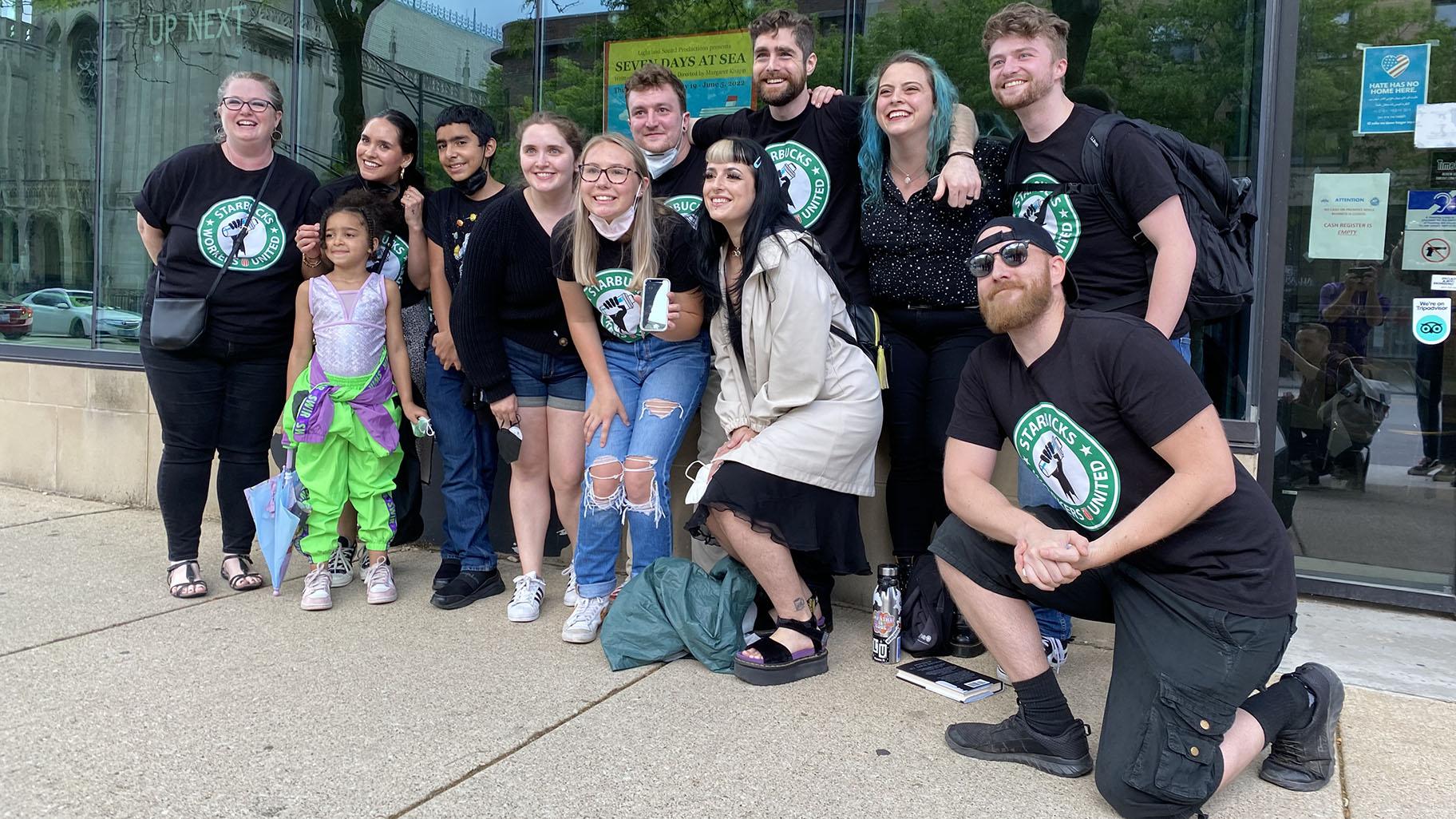 Workers from two Starbucks locations in Edgewater celebrate successful unionization votes on May 25, 2022. (Nick Blumberg / WTTW News)