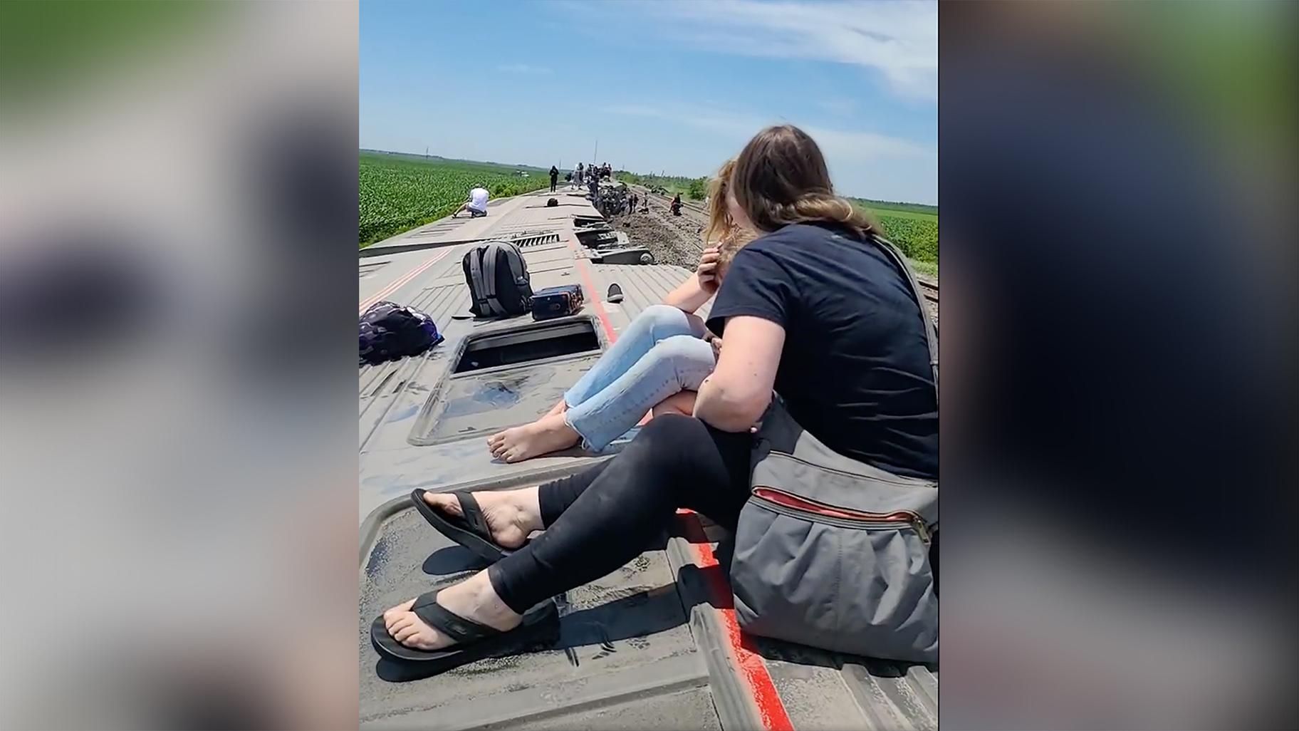 An image taken from a video posted by Robert Nightingale, who was a passenger aboard the Amtrak train that derailed on Monday, June 27, 2022, in Mendon, Missouri. (Credit: Robert Nightingale via CNN)